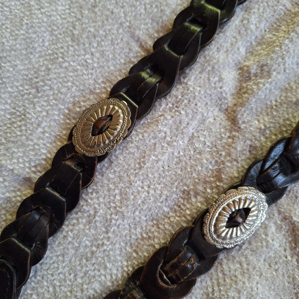 Vintage Braided Leather Concho Belt Southwestern Cowgirl Brass India Capezio